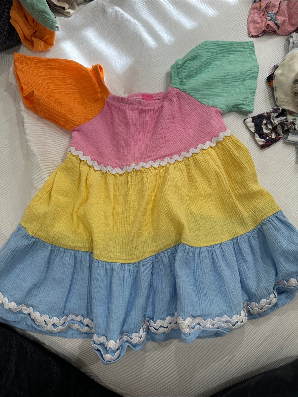 Colorblock Ric Rac Tiered Dress for Girls - Pink, Yellow, Blue